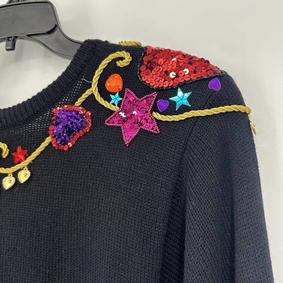 Vintage 80s Plain Jane Black Sweater Dress Embellished Sequins Midi Length M - Picture 5 of 12